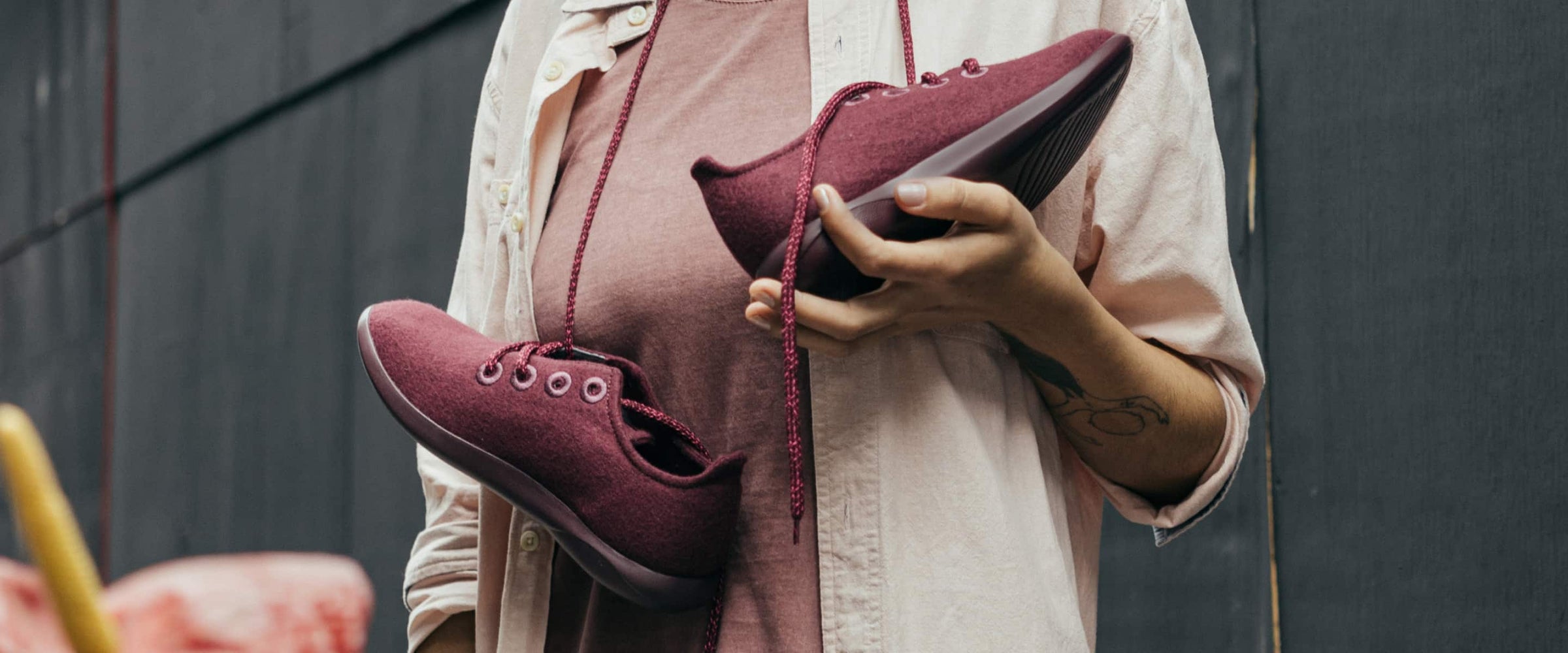 girl with burgundy merino wool yuool shoes